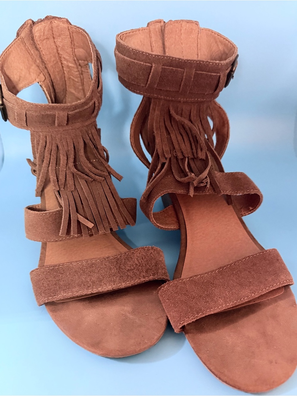 Yellow Box Brown Suede Fringe Ankle-Strap Sandals
